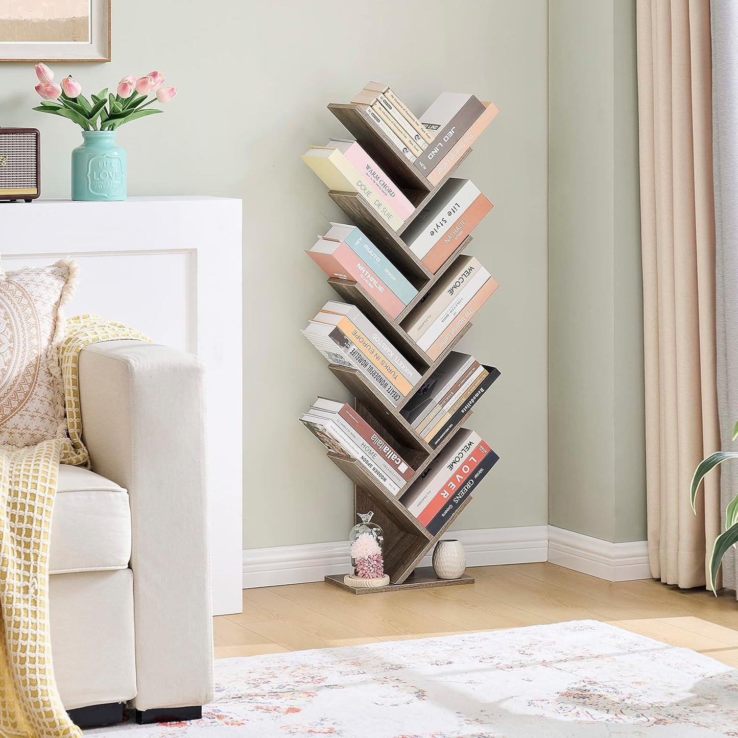 Hoctieon 10 Tier Tree Bookshelf, 10 Shelf Bookcase, Free Standing Tree Bookcase, Display Floor Standing Shelf for Books, Book Organizer Shelves for Home Office, Living Room, Bedroom, Greige