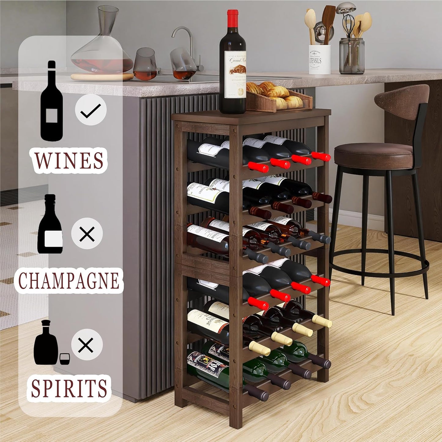 24-Bottle Wine Rack, 6 Tier Bamboo Wine Display Storage Shelves with Tabletop, Floor Freestanding Wine Bottle Holder with Wobble-Free Shelves, Walnut