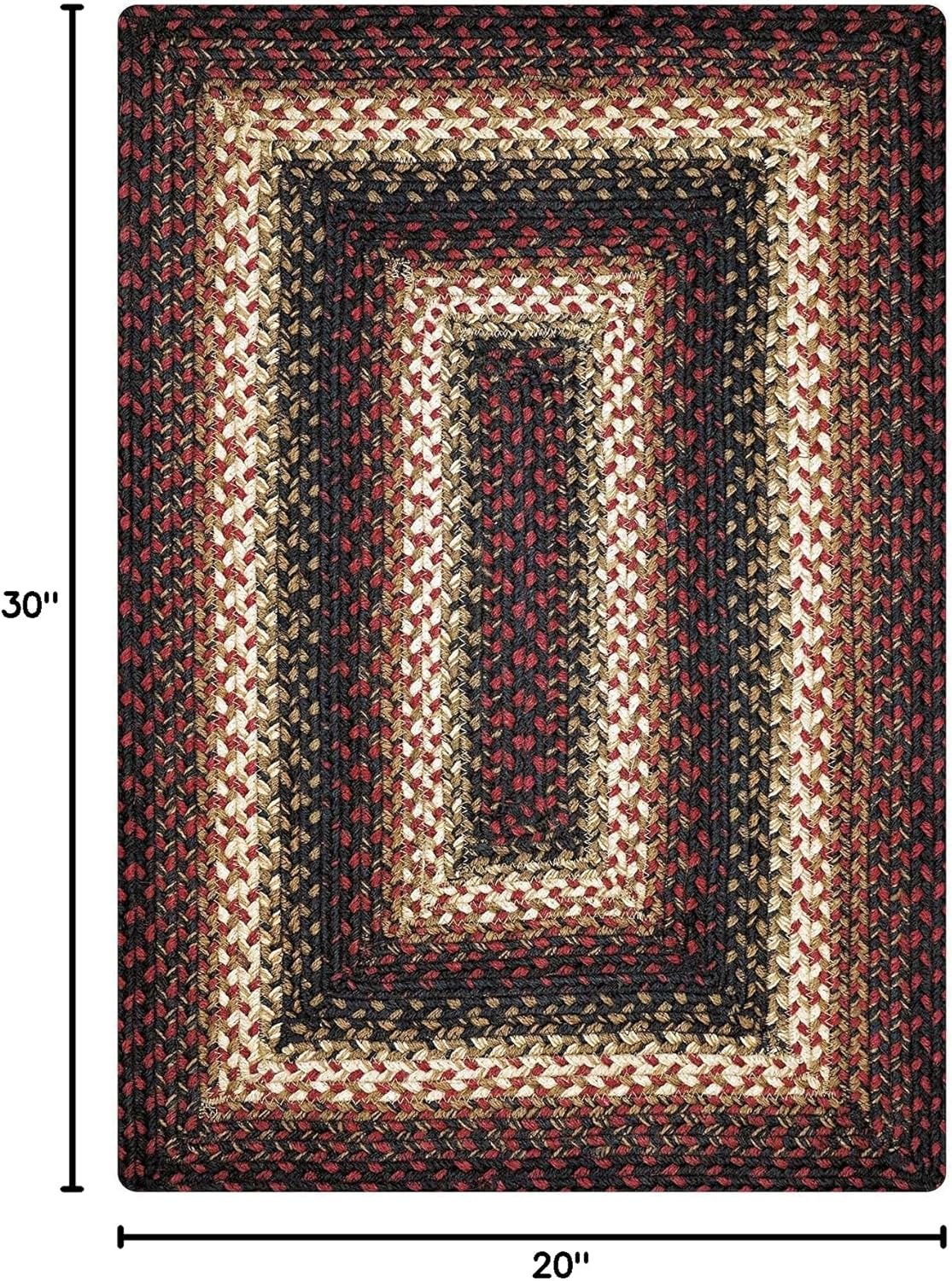 Prescott Jute Braided Rugs 20x30 - Primitive Black and Burgundy Rug for Entryway, Kitchen and Bathroom