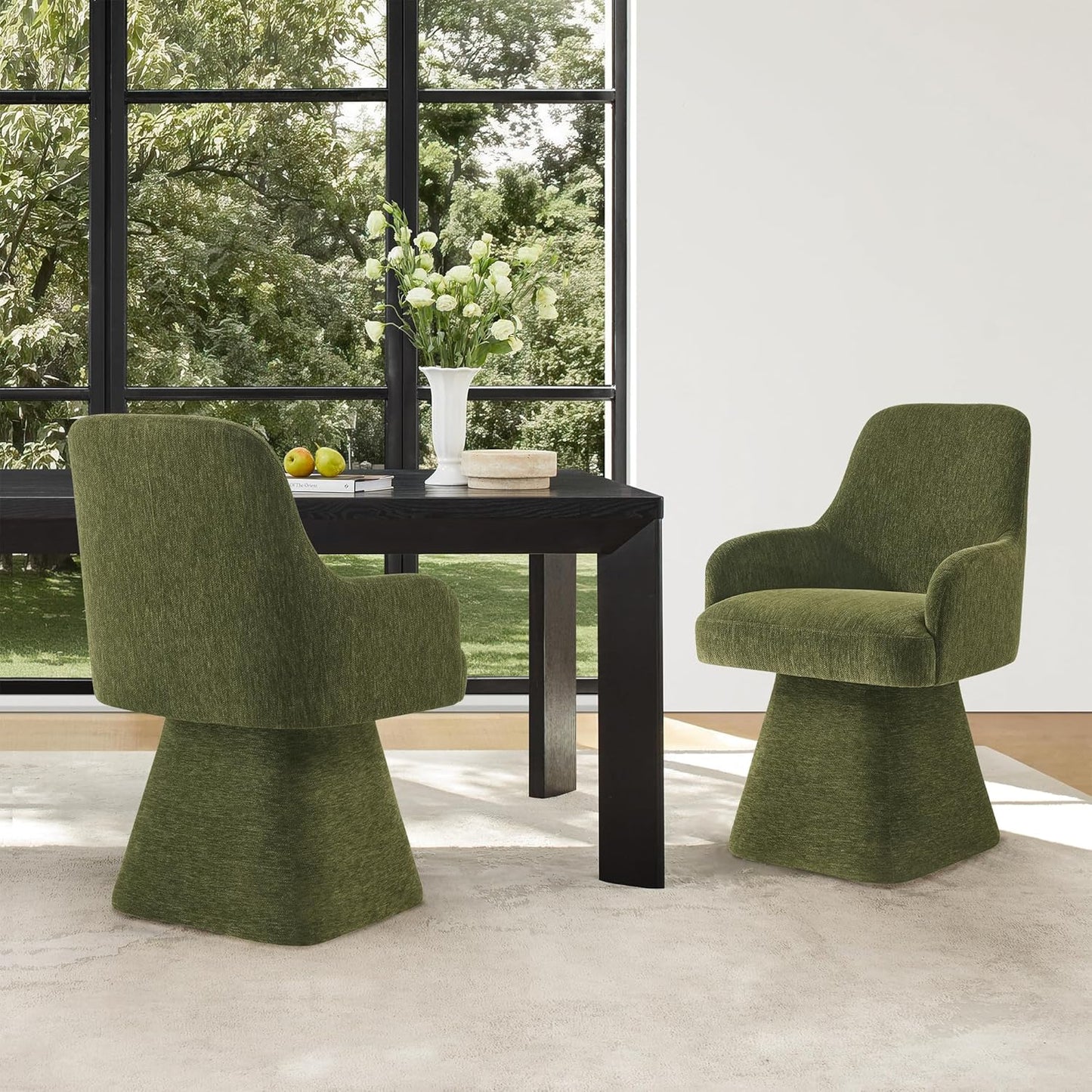 Swivel Dining Chairs Set of 2, Mid Century Modern Chairs Fabric Upholstered Armchair with Armrest & Ergonomic Backrest for Dining Room, Kitchen, Bedroom, Living Room, Green, 2 Boxs