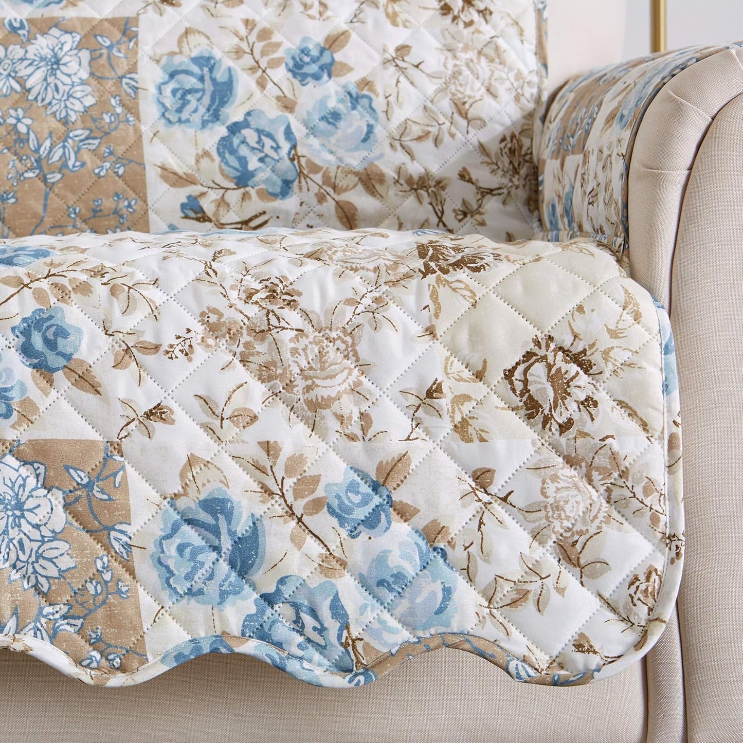 Great Bay Home Reversible Floral Patchwork Furniture Protector Scalloped Edge Stain Resistant Printed Furniture Protector Maribel Collection (Chair, Taupe/Blue)