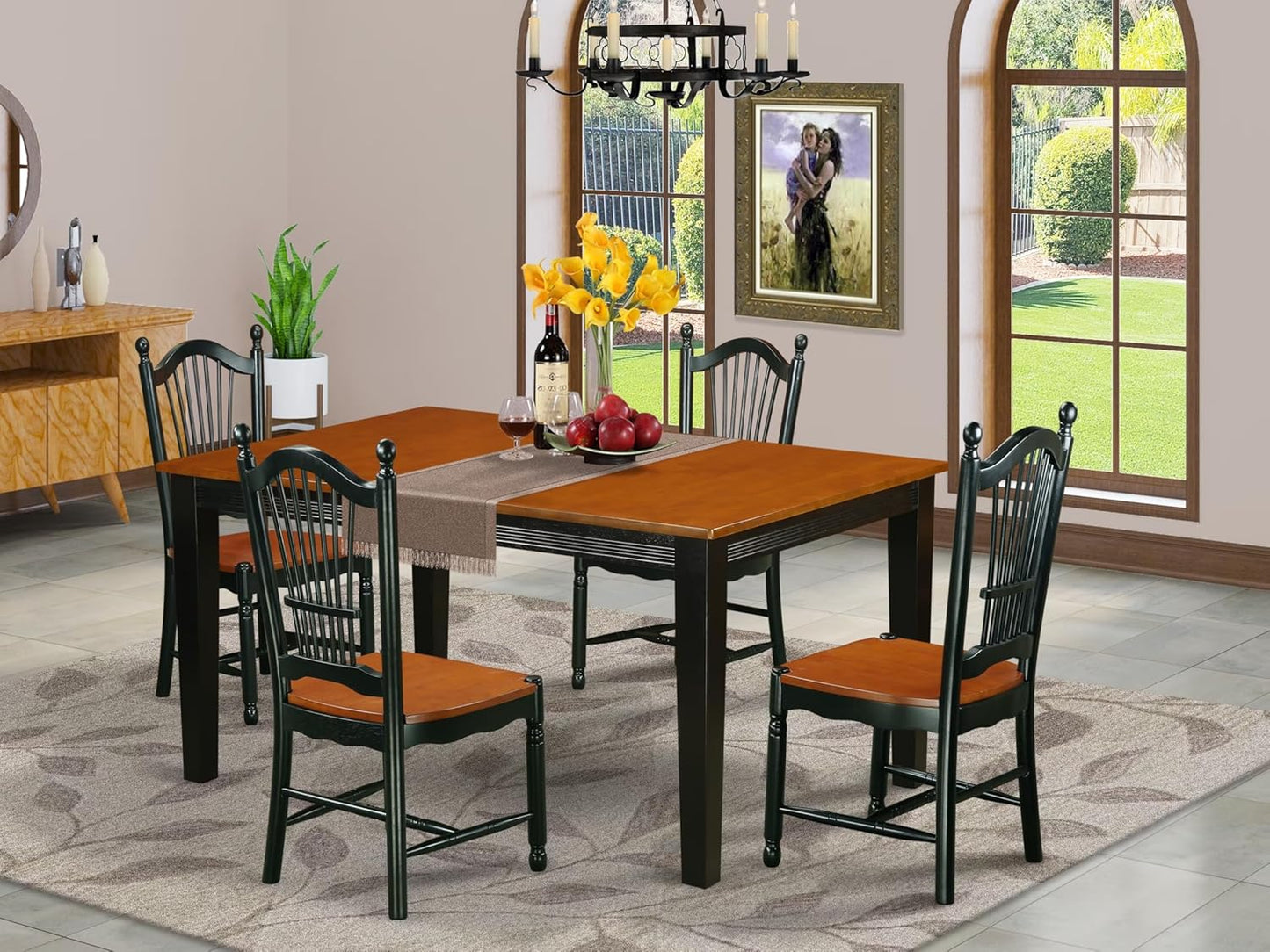 East West Furniture QUDO5-BCH-W 5 Piece Modern Dining Table Set Includes a Rectangle Wooden Table with Butterfly Leaf and 4 Dining Room Chairs, 40x78 Inch, Black & Cherry