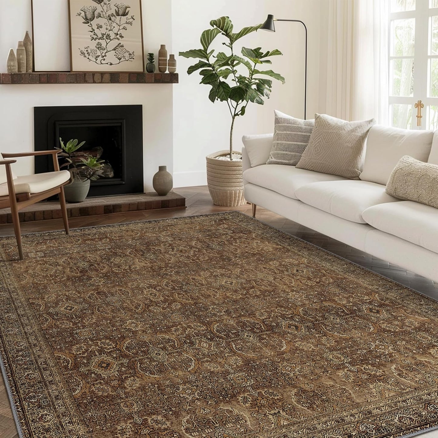 9X12 Area Rugs Machine Washable Rugs for Living Room, Vintage Boho Large Rugs for Bedroom Dining Room, Non Slip Indoor Soft Distressed Lightweight Thin Low Pile Carpet, Rustic Brown