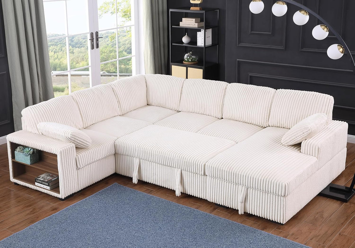 Eafurn Oversized Convertible U Shaped Sleeper Sectional Sofa Pull Out Couch Bed, 6 Seater Corduroy Upholstered Pullout Lounge Sofa Couch Sofabed w/Storage Chaise, Shelves for Living Room Apartment