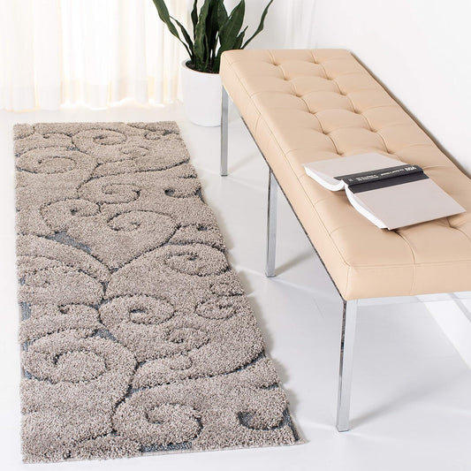SAFAVIEH Florida Shag Collection Runner Rug - 2'3" x 17', Grey & Light Blue, Scroll Design, Non-Shedding & Easy Care, 1.2-inch Thick Ideal for High Traffic Areas in Living Room, Bedroom (SG455-1160)