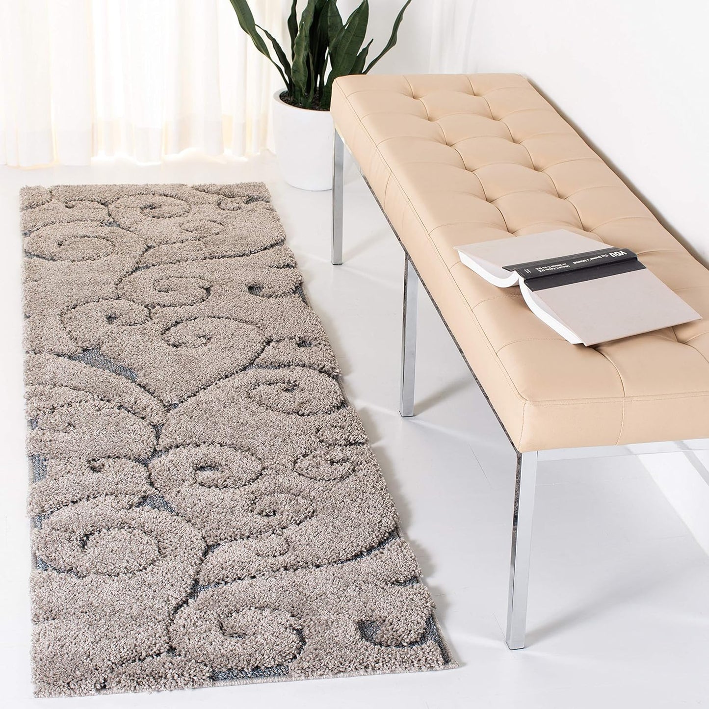 SAFAVIEH Florida Shag Collection Runner Rug - 2'3" x 13', Grey & Light Blue, Scroll Design, Non-Shedding & Easy Care, 1.2-inch Thick Ideal for High Traffic Areas in Living Room, Bedroom (SG455-1160)
