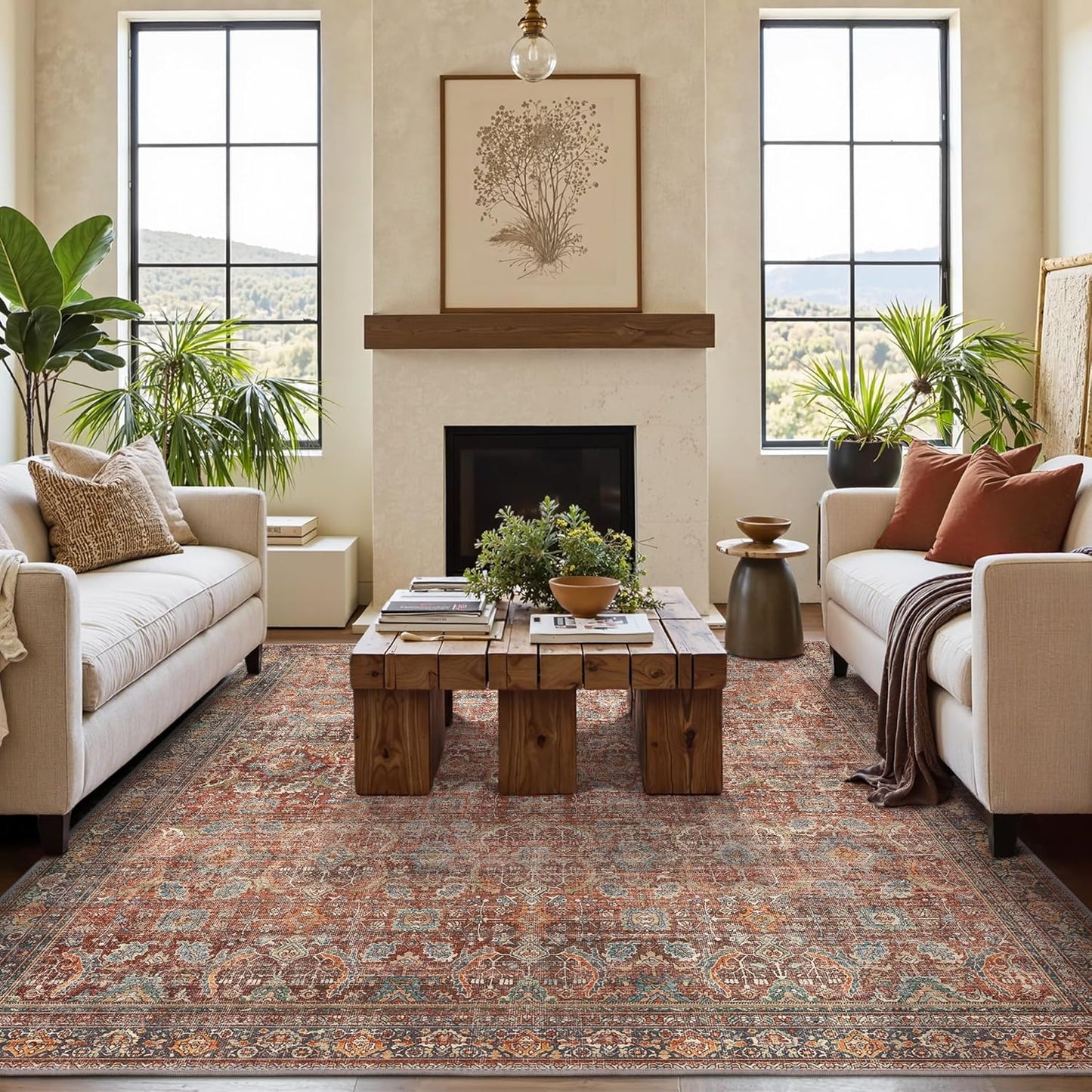 GENIMO 10x14 Area Rugs for Living Room, Machine Washable Non Slip Vintage Rugs, Low Pile Lightweight Chenille Print Rug for Bedroom, Dining Room, Home Office, Terracotta Indigo