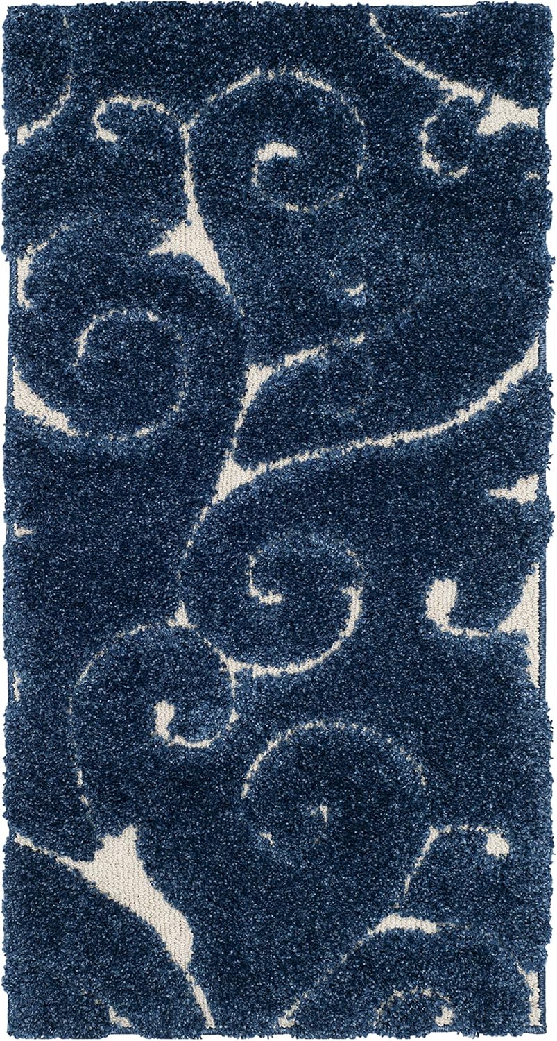 SAFAVIEH Florida Shag Collection Accent Rug - 2'3" x 5', Dark Blue & Cream, Scroll, Non-Shedding & Easy Care, 1.2-inch Thick Ideal for High Traffic Areas in Entryway, Living Room, Bedroom (SG455-6511)