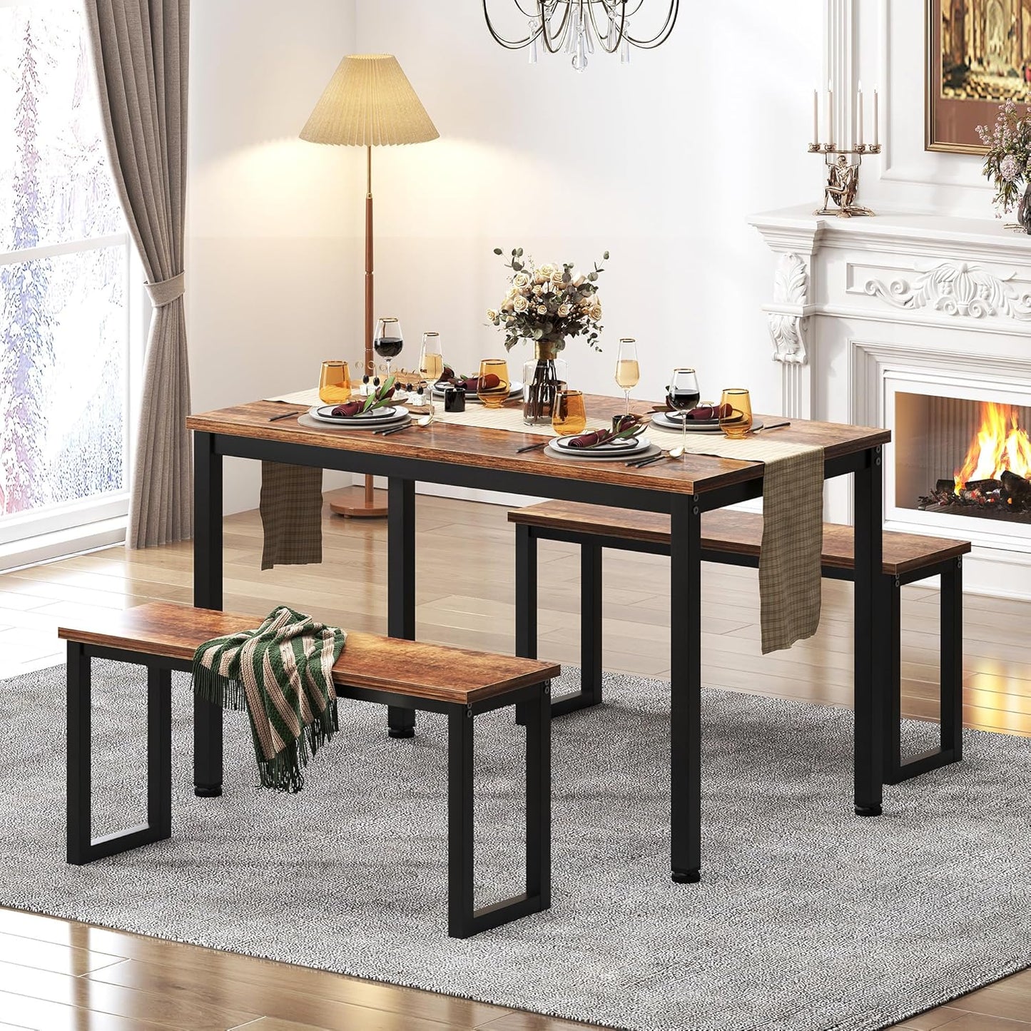 soges 39.4 in Kitchen Table Set with 2 Benches, Dining Table Set for 4, 3 Piece Wooden Industrial Style Dining Room Table and Long Benches, Breakfast Table Coffee Table Set, Retro