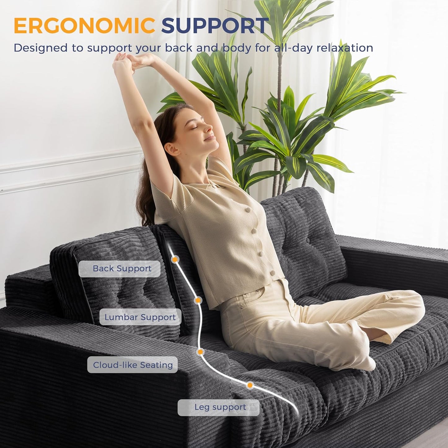 MAXYOYO 3 Seater Couch for Living Room, Boneless Couch with Tufted Cushion & Backrest, Upholstered Floor Sofa with Armrests, Sofa in A Box, No Assembly Required, Black