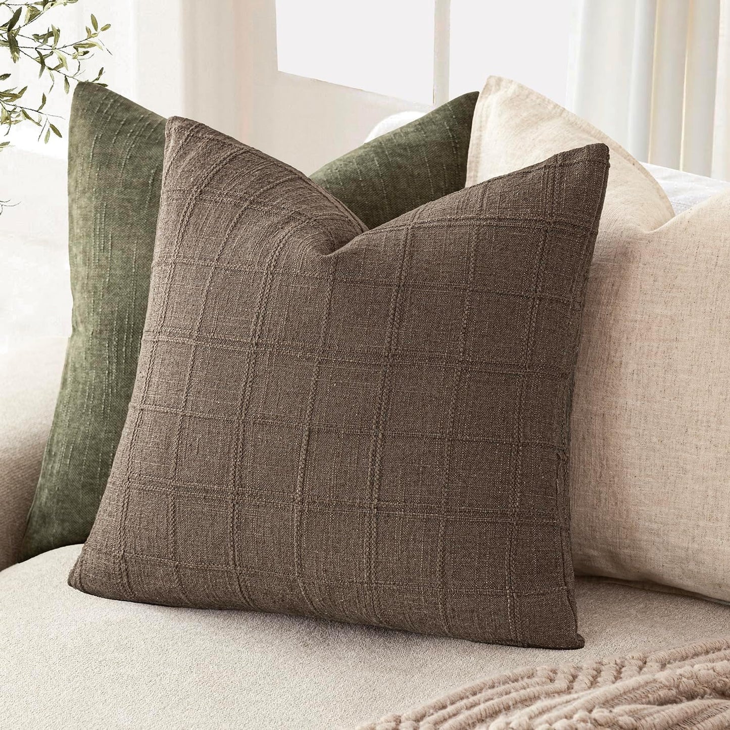 Foindtower Set of 2 Decorative Linen Check Throw Pillow Covers Neutral Farmhouse Vintage Cushion Covers Modern Boho Home Decor for Sofa Chair Couch Bedroom Living Room Outdoor,18×18 Inch,Taupe Grey