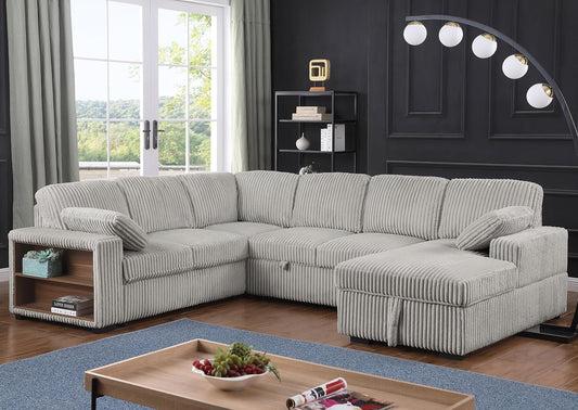 Eafurn Oversized U Shaped Convertible Sleeper Sectional Sofa w/Pull Out Couch Bed, 6 Seater Corduroy Upholstered Corner Lounge Sofa Couch Sleeper Sofabed w/Storage Chaise,Shelves