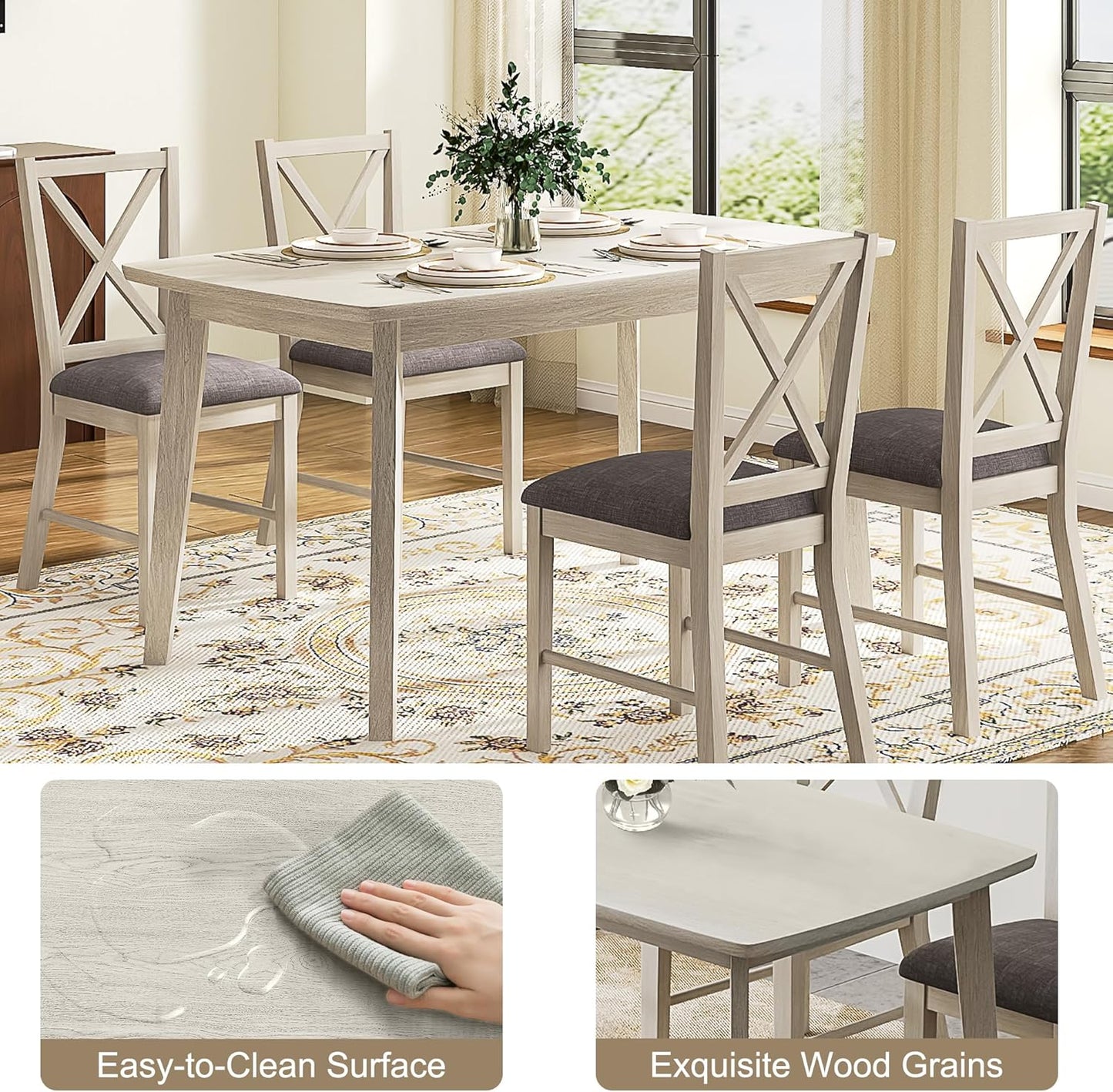 47'' Solid Wood Dining Table for 4-6, Farmhouse Kitchen Table for Kitchen, Dining Room, Restaurant, Natural Eco-Friendly, Washed Gray