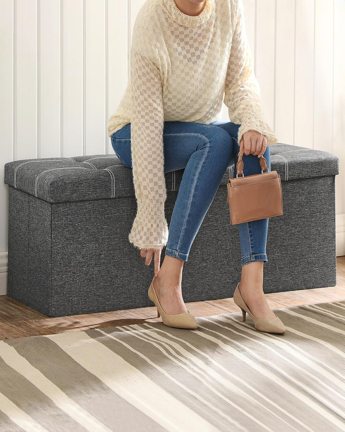 SONGMICS Mazie Collection - 43 Inches Ottoman Storage Bench, 35 Gal. Folding Chest with Breathable Linen-Look Fabric, Load up to 660 lb, for Entryway, Living Room, Bedroom, Dark Gray ULSF077G04