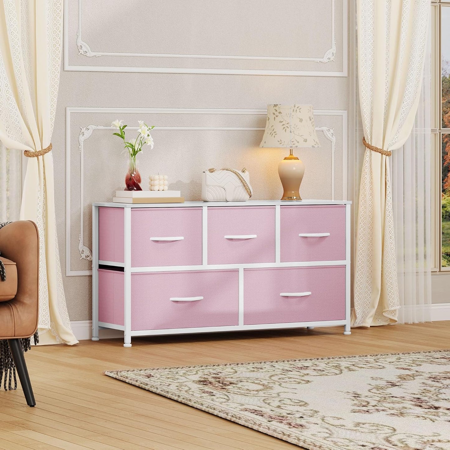 DWVO Dresser for Room with 5 Drawers - Fabric Storage Tower, Long Fabric Dresser, Organizer Unit for Closet, Hallway