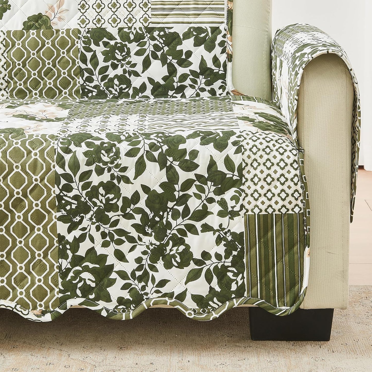 Great Bay Home Reversible Patchwork Sofa Cover - Washable Slipcover Furniture Protector with Elastic Straps - Couch Cover for Dogs, Kids, and Pets - Box-Stitched Detail (Sofa, Olive/Brown)