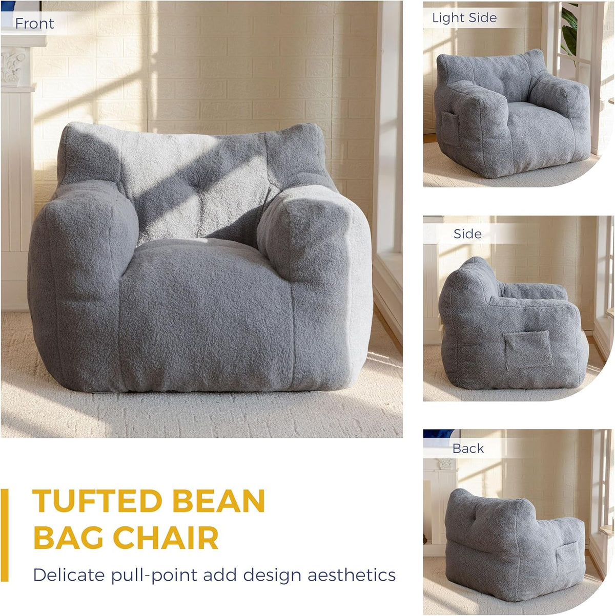 MAXYOYO Bean Bag Chair, Tufted Bean Bag Sofa with Boucle Fabric, Comfy Lazy Chair with Filler, Living Room Sofa for Adults Teens, Accent Couch for Bedroom Dorm, Grey
