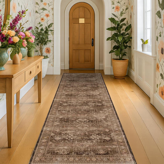Brown Boho Washable 2x7 Runner Rugs for Hallway Kitchen Bedroom Beside Laundry Room Bathroom Rug, Pet & Kids Friendly, Non Slip Low Pile Stain Resistant Soft Faux Wool Long Dark Earthy Floor Carpet