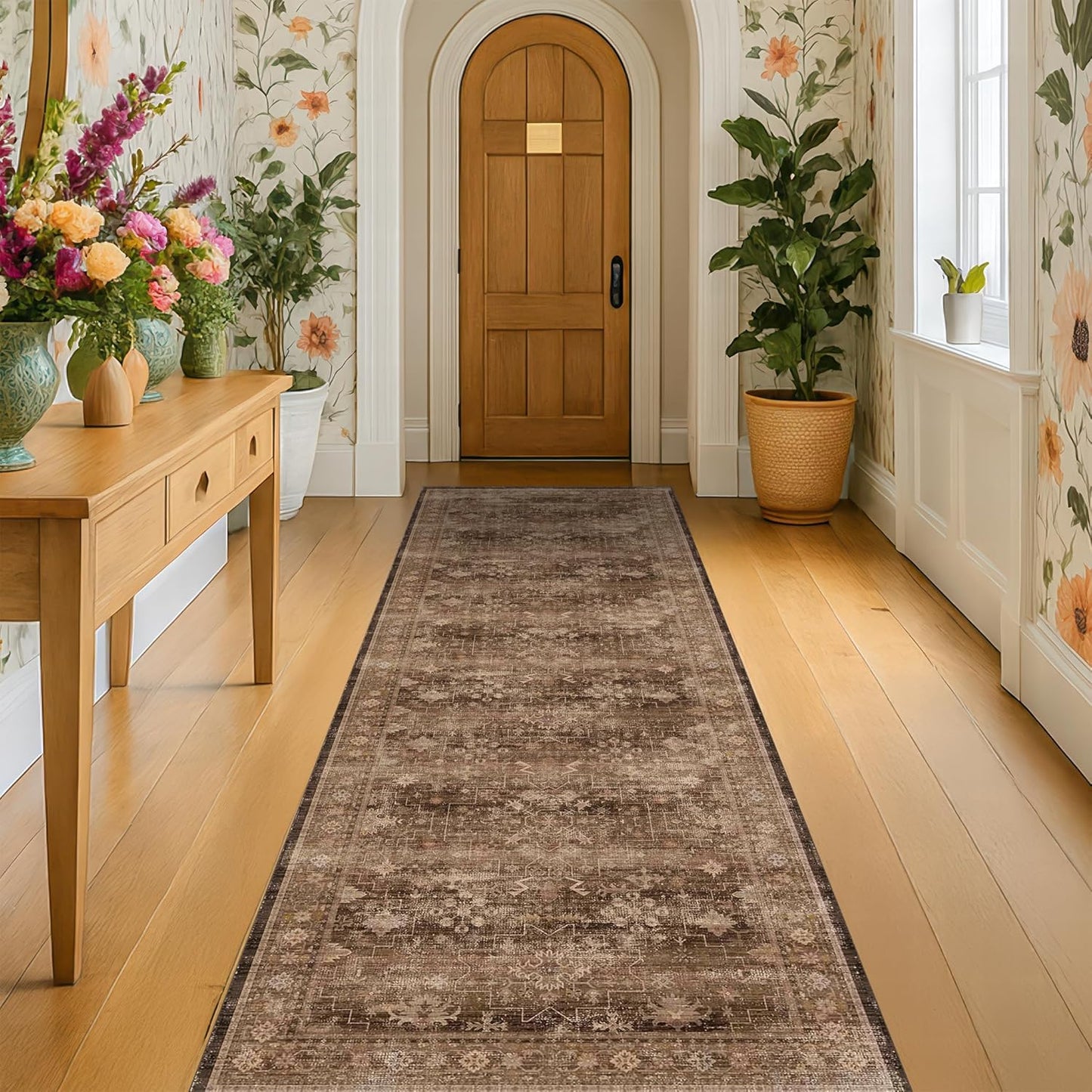 Brown Earthy Boho Washable 3x10 Extra Long Hallway Runner Rug, Waterproof Large Kitchen Floor Rug Indoor, Non-Slip Stain & Fade Resistant, Vintage Dark Taupe Decor