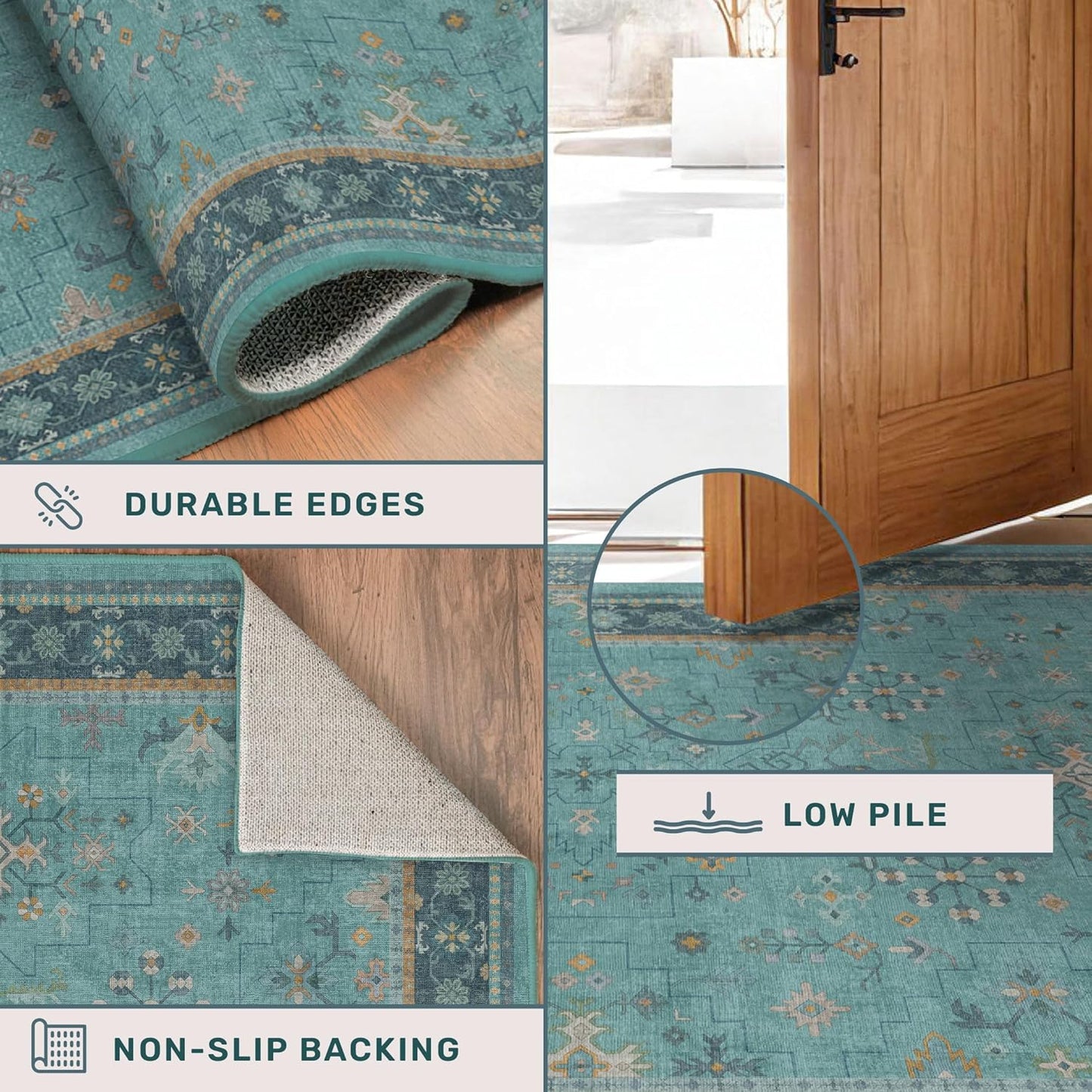Washable Teal Rugs for Entryway Indoor - 3x5 Throw Rug for Large Kitchen, Bedroom Bedside, Bathroom, Mudroom, Boho Turquoise Modern Décor, Non Slip Low Pile Fade Resistant