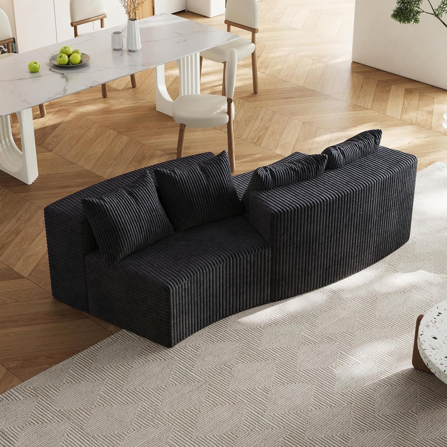 KEIKI Corduroy Curved Sectional Sofa, 2 Seater Symmetrical Modular Semi Circular Couch, Deep Seat Tufted Corner Sofa for Living Room, Lobby, Black