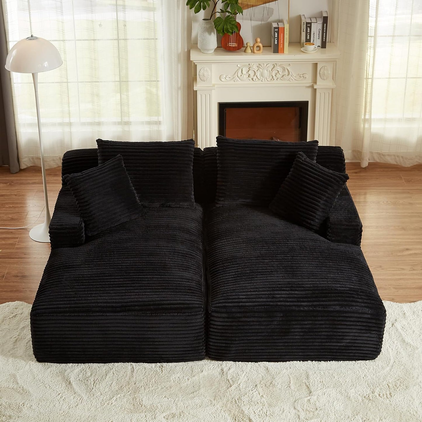 ERYE 79" Oversized Double Chaise Lounge Indoor Sleeper Recliner Sofabed with 4 Pillows, Fluffy Corduroy Loveseat Sleeper Chaise Daybed 2 Pieces Boneless Chair Sofa Bed for Living Room Bedroom Reading