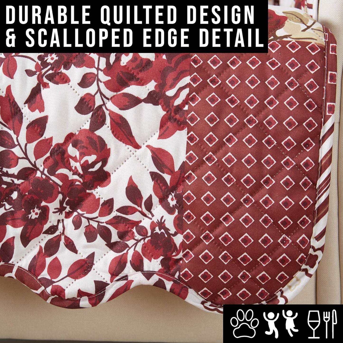 Great Bay Home Patchwork Scalloped Printed Furniture Protector Stain Resistant Sofa Cover (Sofa, Burgundy)