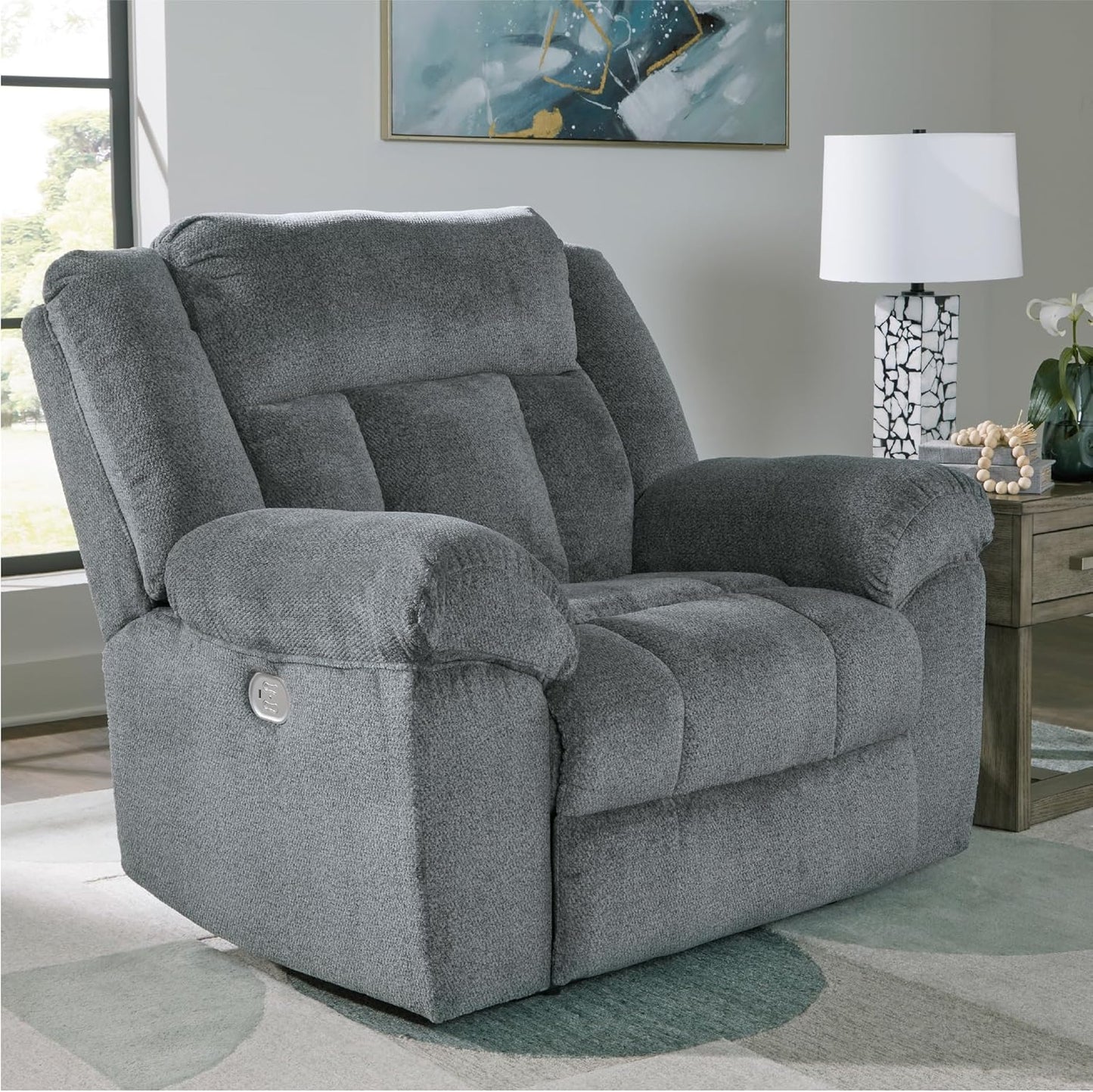 Signature Design by Ashley Tip-Off Casual Wall Hugger Power Recliner with Adjustable Headrest and USB Ports, Gray