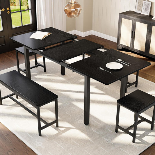 GarveeHome 5-Piece Dining Table Set for 4-8 People, 63" Large Extendable Kitchen Table Set with 2 Benches and 2 Square Stools, Modern Dining Room Furniture Sets, Easy Assembly, Black