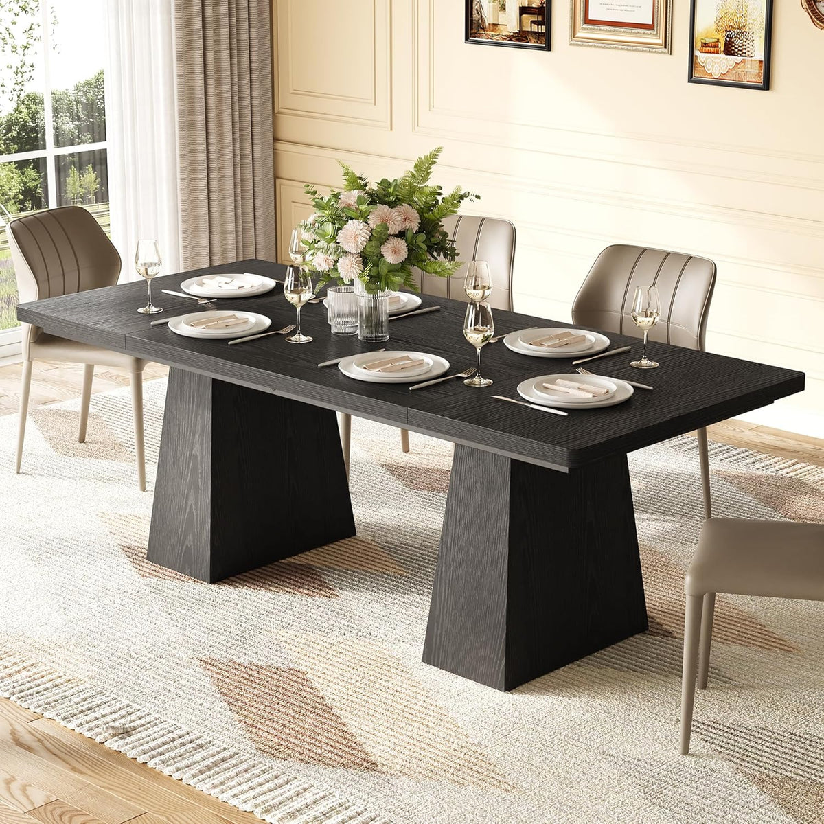 LITTLE TREE Dining Table for 6 People, Wooden Table, Rectangle Furniture with Heavy Duty Legs, Modern Kitchen Table for Home, Dining Room, Black