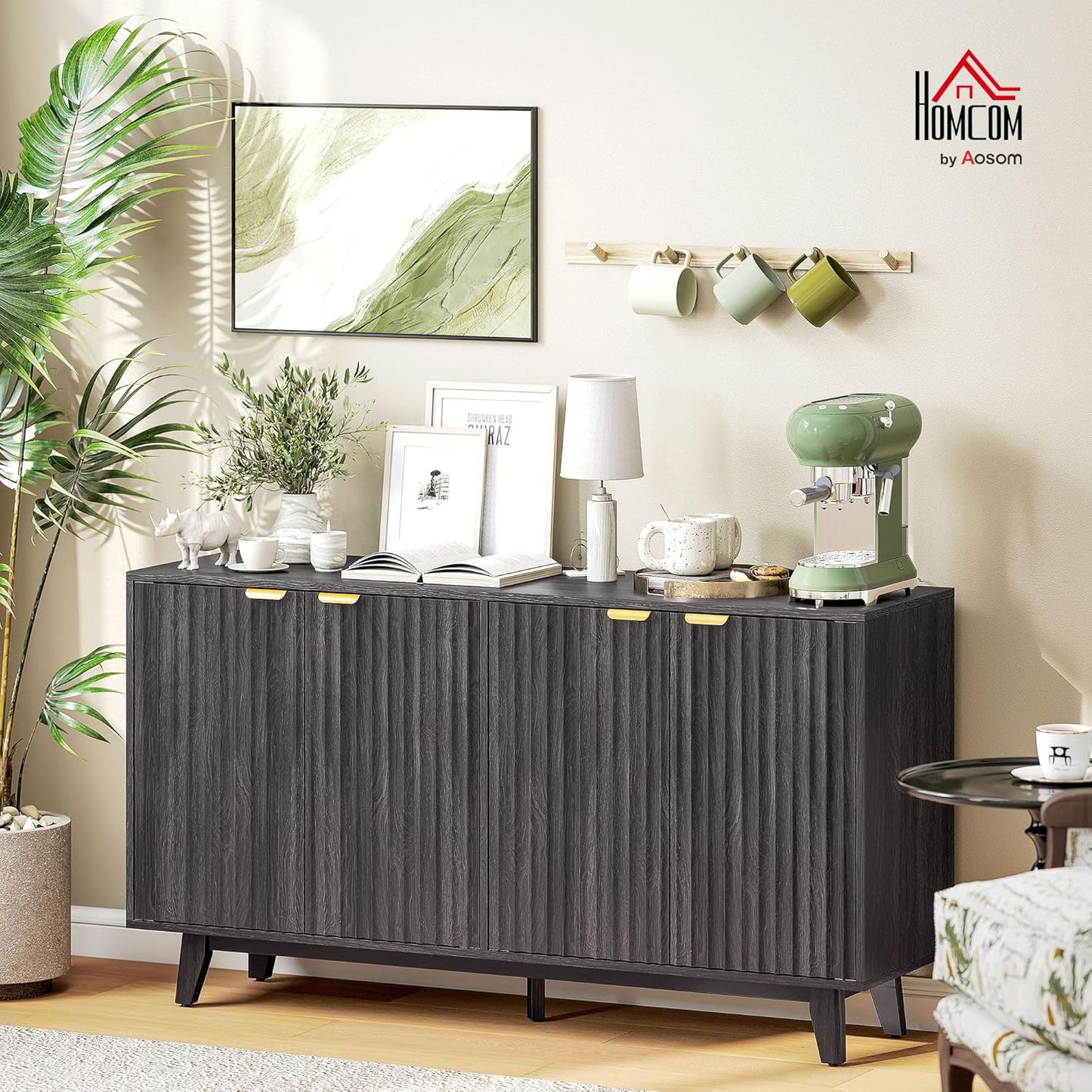 HOMCOM Fluted Sideboard Buffet Cabinet, 55" Modern Accent Console Cabinet with 4 Doors, 2 Adjustable Shelves and 5 Wood Legs, Distressed Gray