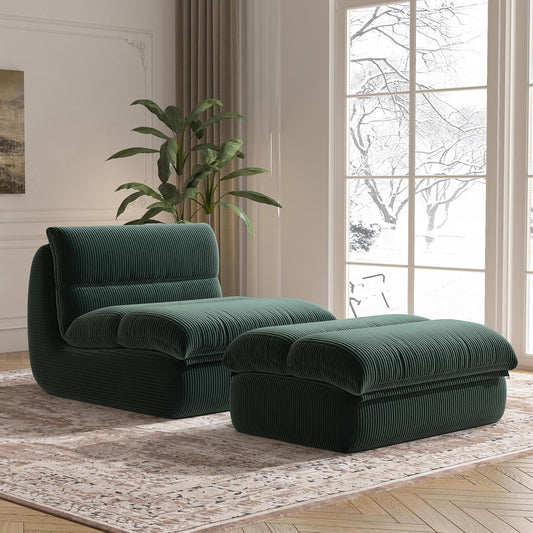 Bean Bag Chair with Ottoman, Cozy Comfy Reading Nook Chairs, Ultra Soft Corduroy Fabric Bean Bag Chairs for Adults, Reading Chair with Ottoman for Living Room, Bedroom Apartment (Green)