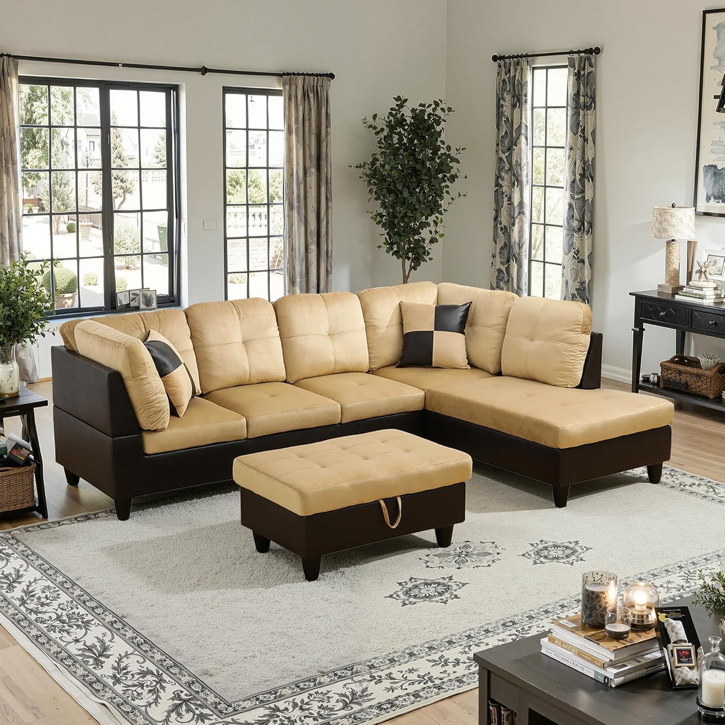 NicBex Sectional Couch 3 Pieces Sofa Set with Left Chaise Lint PVC L Shaped Cloud Couch for Living Room Furniture Sets with Storage Ottoman, Modular Sofa for Living Room & Apartment, Beige+Black