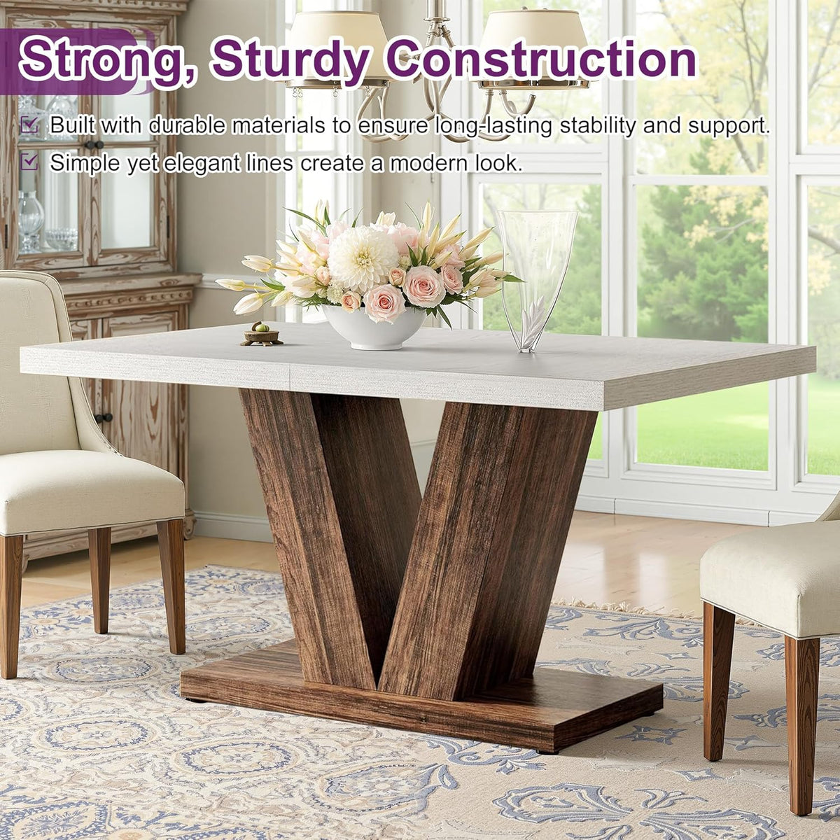47" Dining Table, Wooden Kitchen Dinner Table Heavy Duty, Farmhouse Table for Dining Room, Living Room Space Saving, White