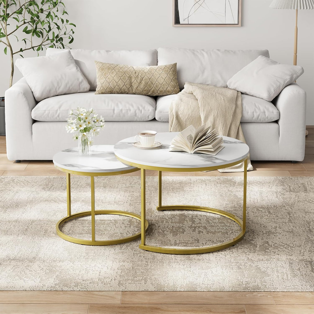 Smuxee White Nesting Coffee Table Set of 2, 27.6" Round Coffee Table Wooden Marble Pattern with Adjustable Non-Slip Feet, Industrial End Table for Living Room Bedroom Balcony