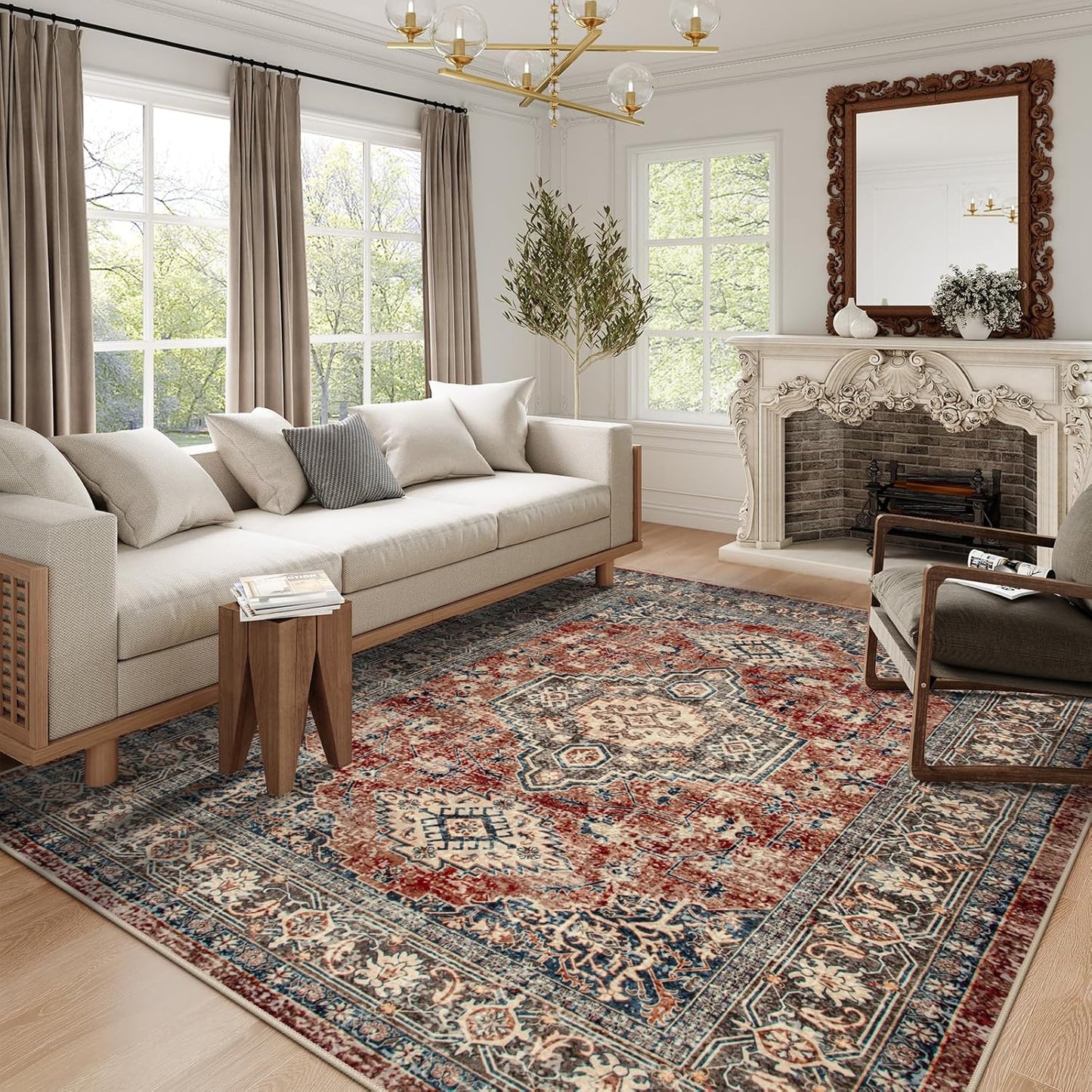 Lahome Oriental Washable Rugs 8x10, Non-Slip Soft 8x10 Rugs for Living Room Bedroom, Stain Resistant Ultra-Thin Vintage Accent Carpet for Dining Room Office, Brick Red
