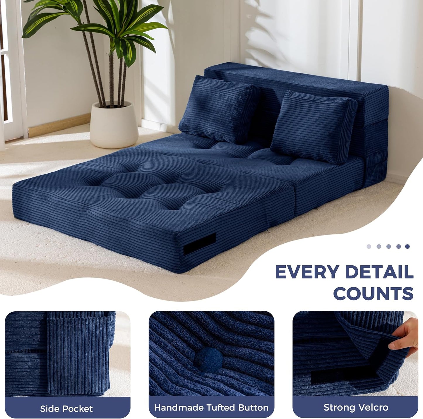 MAXYOYO Convertible Sofa Bed, Fold Out Sleeper Sofa with Pillow, 4 in 1 Tufted Folding Couch Bed Foam Floor Couch, Lazy Chair for Living Room Bedroom Guest Room, Navy