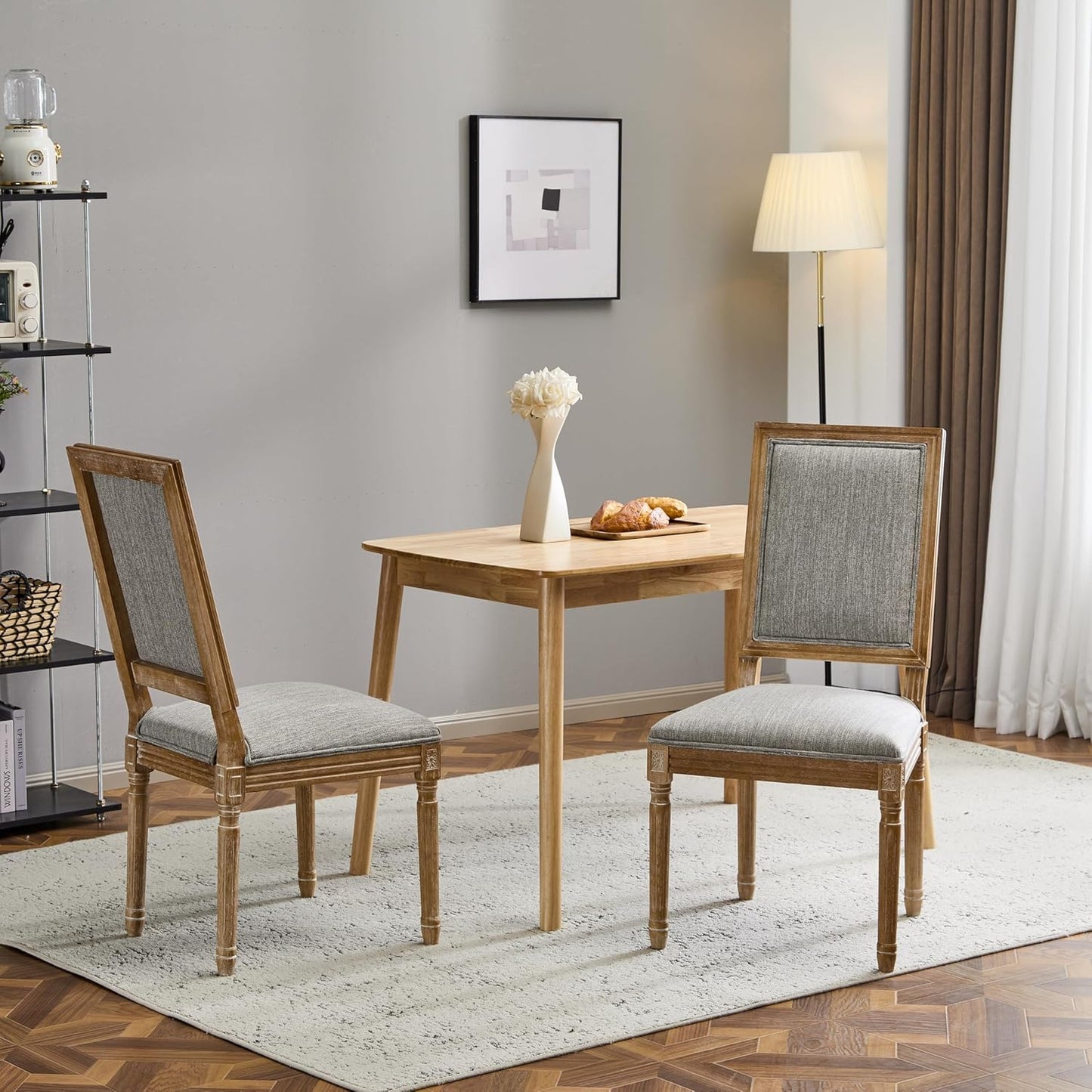 Christopher Knight Home Regina French Country Dining Chairs Set of 2, Wooden Dining Room Chair, High Back Kitchen Side Chair, Fabric Upholstered Armless Extra Seat, Grey and Natural