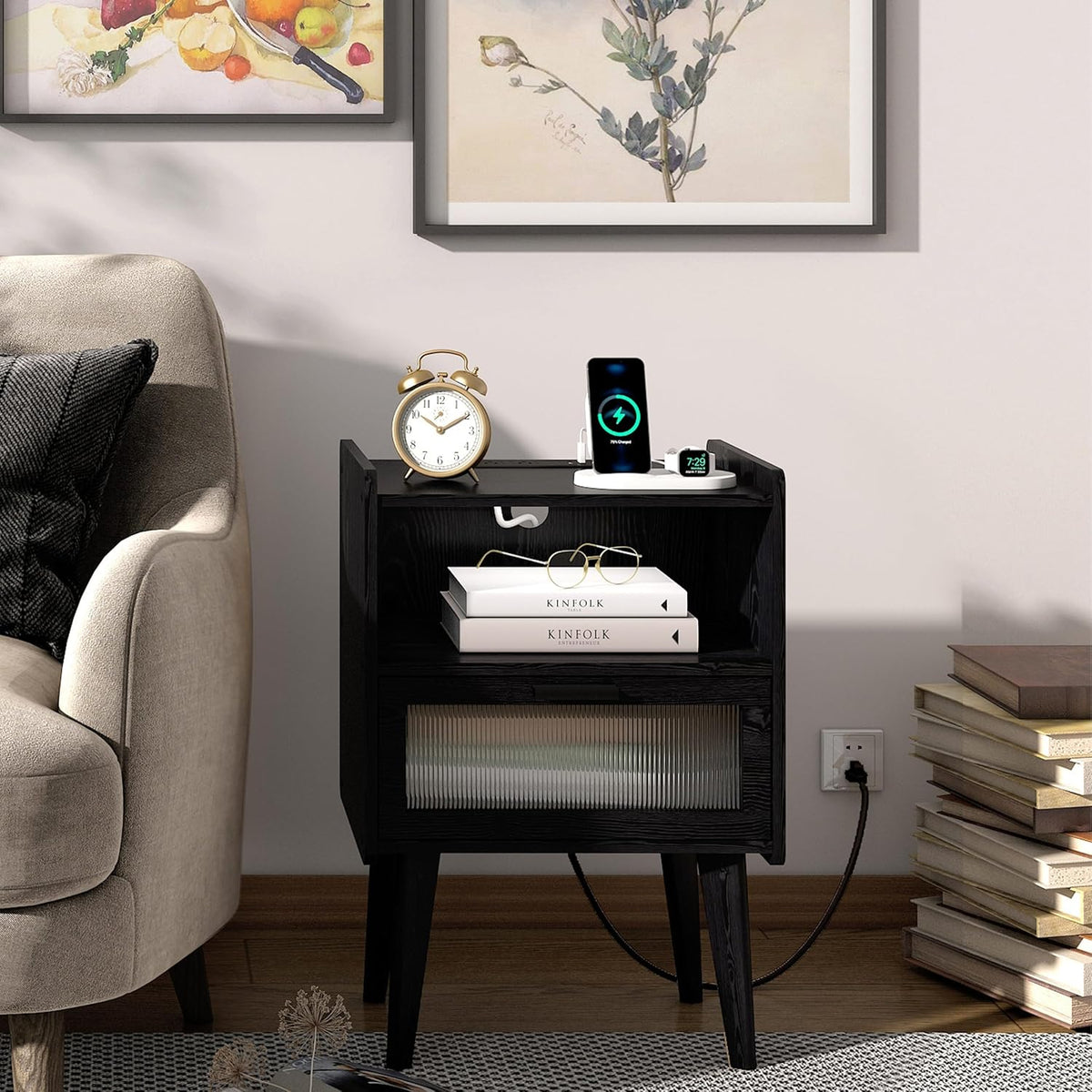 Nightstand with Charging Station, Bedside Tables with Glass Decorative Door, Black Wood Grain End Table, Side Table with 2 Tiers Storage Space for Bedroom Living Room CAMLBZ07XE