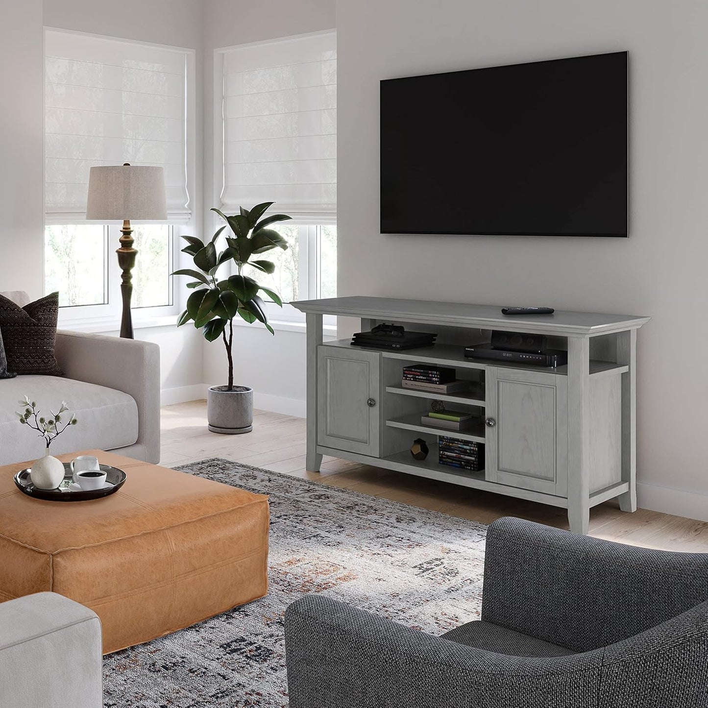 SIMPLIHOME Amherst 54-inch Wide Solid Wood TV Stand in Fog Grey, Transitional-Style Media Console for Living Room with Adjustable Shelves and Cable Management