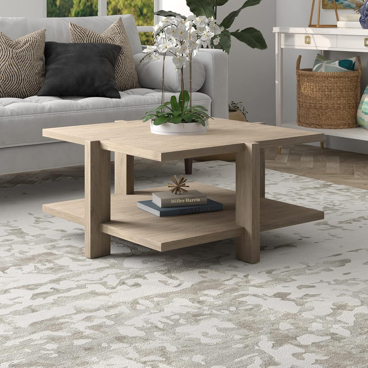 Henn&Hart 35" Wide Square Coffee Table in Antiqued Gray Oak, for Home, Living Room, Bedroom, Entertainment Room, Office