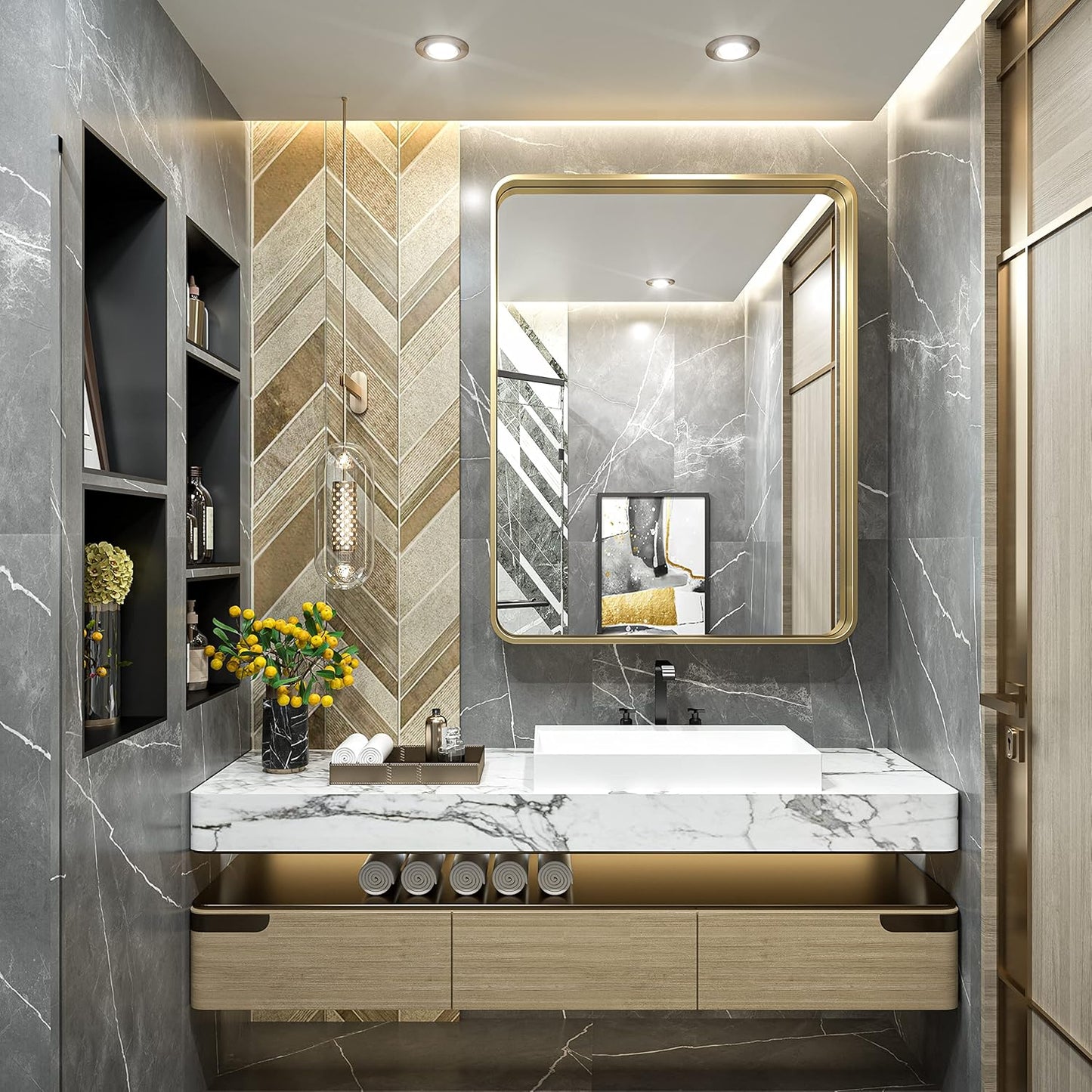 TokeShimi Gold Bathroom Mirror for Wall 30 x 36 Inch Metal Rounded Corner Rectangle Mirror Metal Frame Deep Set Design Hangs Horizontal Or Vertical