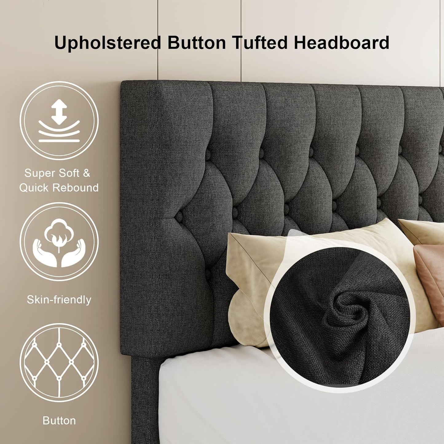 Feonase Queen Platform Bed Frame with Button Tufted Headboard, Upholstered Linen Bed with Wooden Slats Support, No Box Spring Needed, Easy Assembly, Noise-Free, Dark Grey