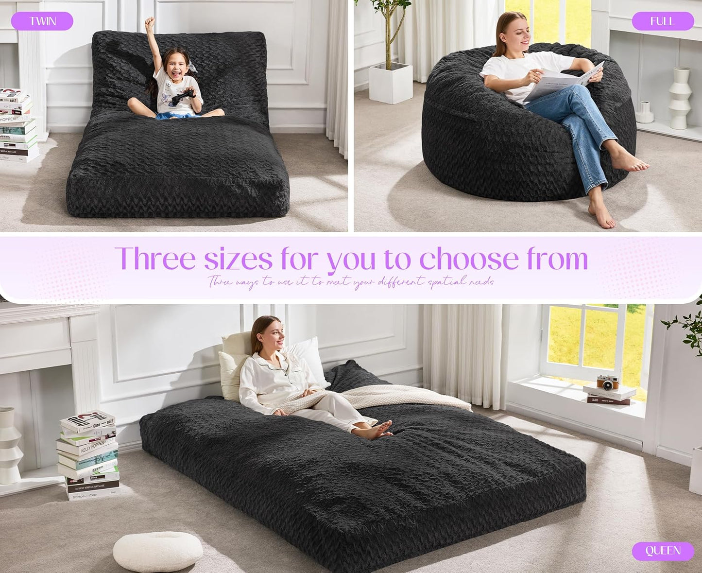 Hobestluk Bean Bag Chair Convertible Beanbag Chairs for Adults, 3 in 1 Bean Bags with Plush Chevron Cover, Adult Bean Bag Chair for Living Room, Bedroom (Black, Full)