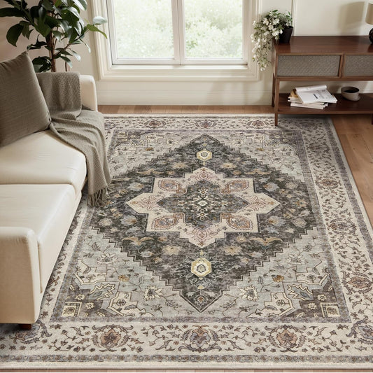Tangsoo 3x5 Area Rug Vintage Washable Rugs Non Slip, Farmhouse Rugs Indoor Accent Rug Print Distressed Brown Grey Carpet, Soft Low Pile Rug for Living Room Bedside Entryway Bedroom