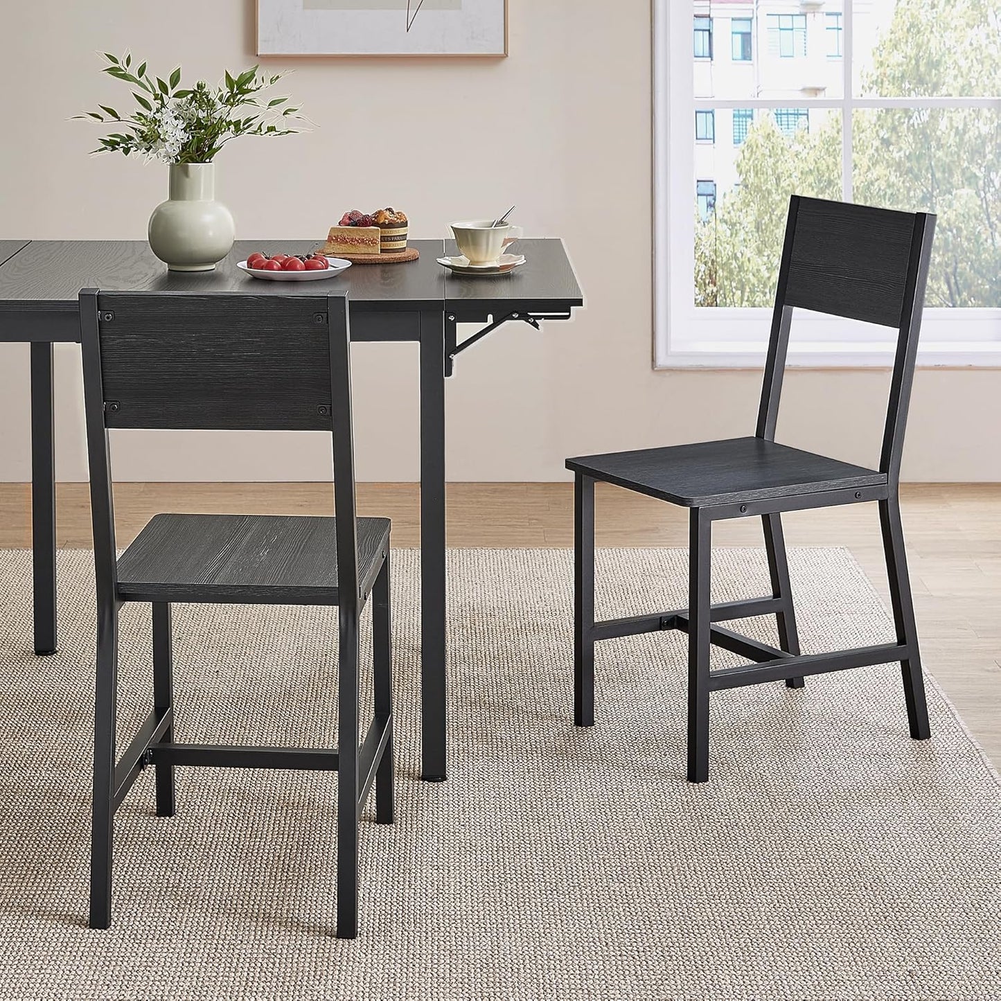 VASAGLE Dining Chair Set of 2, Rustic Wood Chairs with Metal Steel Frame, Easy to Assemble, Comfortable Seat, Modern Farmhouse Chair for Kitchen, Bedroom, Living Room, Charcoal Black and Ink Black