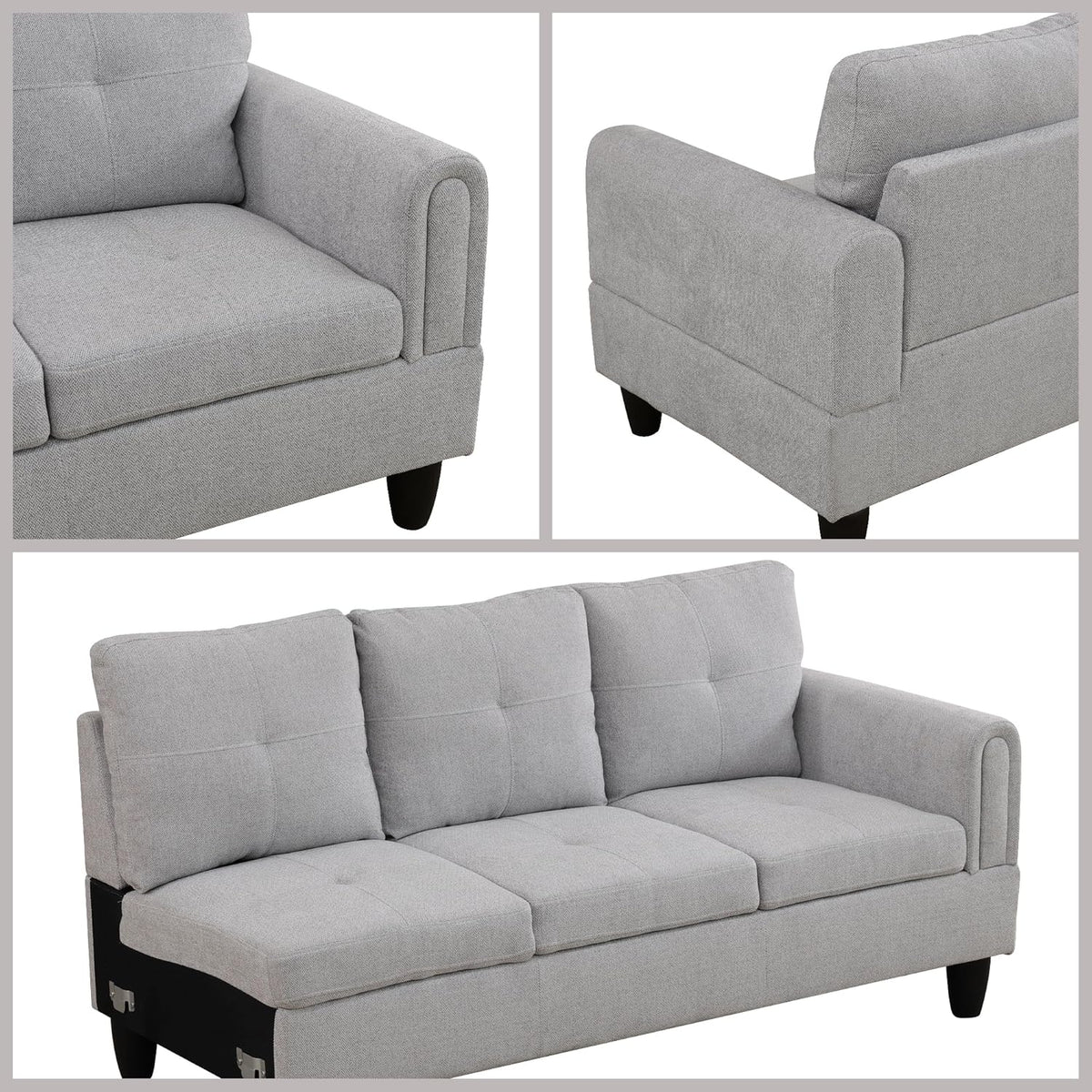 L Shaped Couch Sectional Couches with Chaise, 3 Pieces Modular Convertible Sofa for Living Room Furniture Sets and Small Apartment, Grey