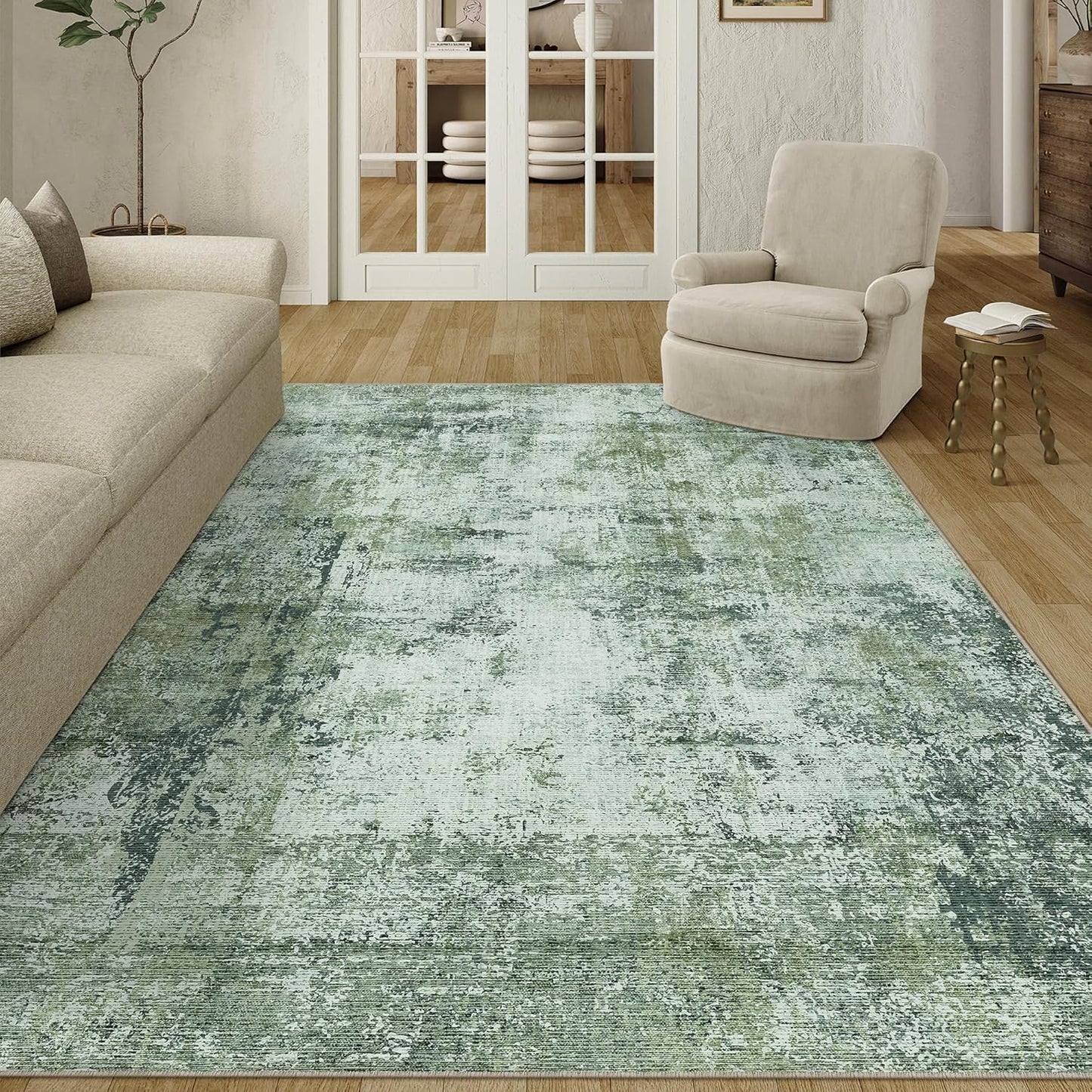 5x7 Washable Area Rug Dark Green Modern Neutral Abstract Living Room Bedroom Indoor Floor Carpet Low Pile Soft Non-Slip Lightweight Vacuumable Throw Rug for Kitchen Nursery Dining Room