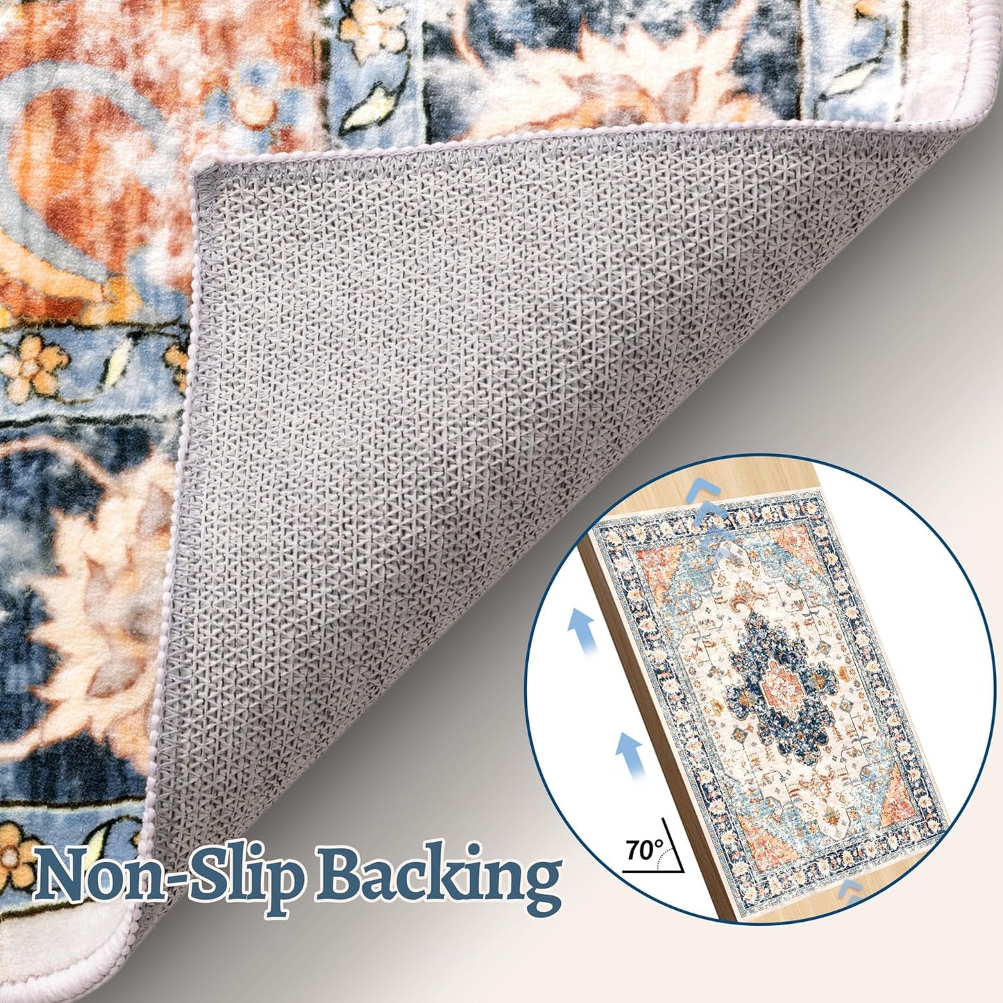 Tangsoo 2x5 Washable Runner Rug for Hallways, Non Slip Vintage Runner Rug, Soft Low Pile Long Print Distressed Blue/Orange for Kitchen Bedroom Entryway Bathroom Living Room