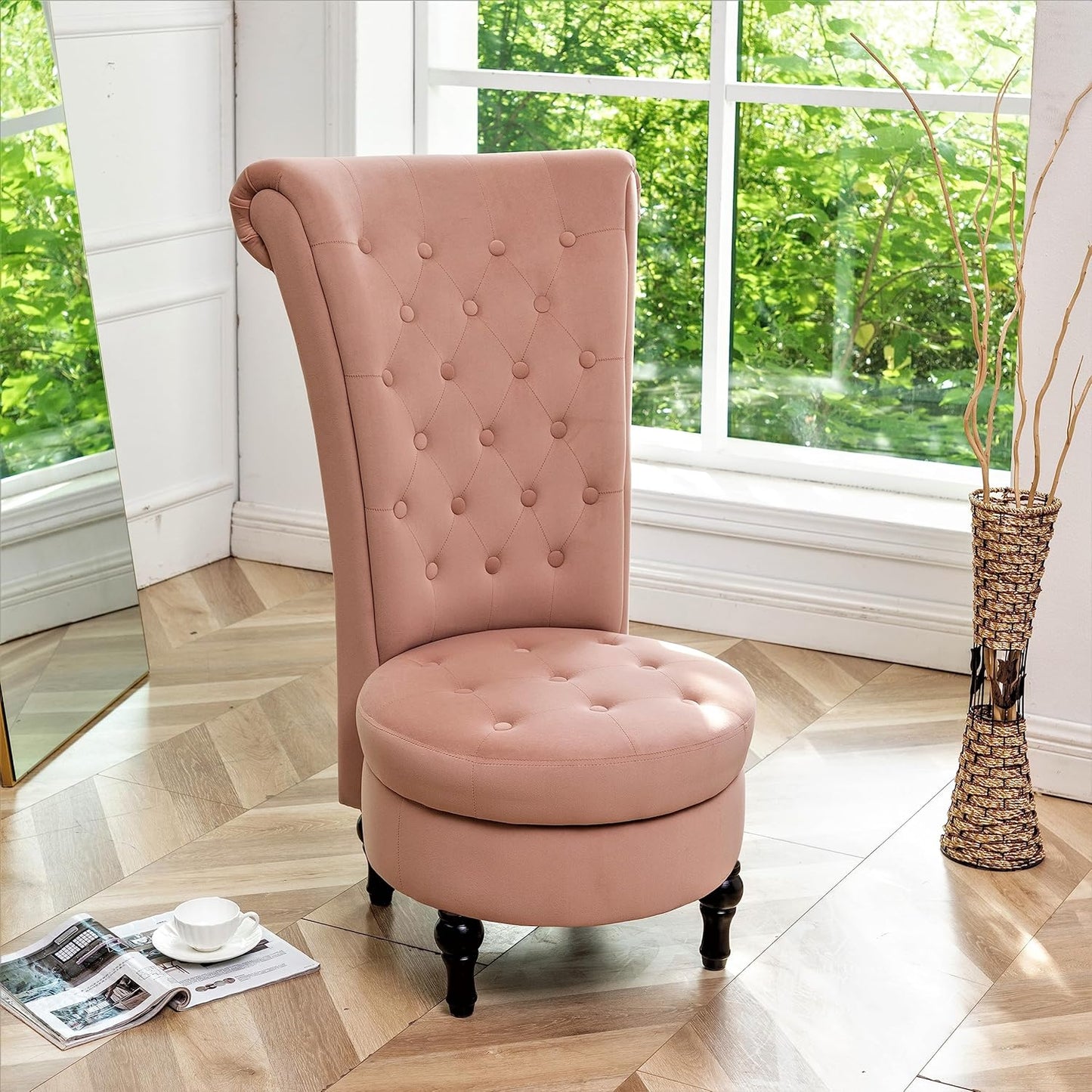 Container Furniture Direct Royal High-Back Velvet Accent Chair for Vanity with Storage and Luxurious Upholstery, Retro Design and Versatile Usage for Living Room, Bedroom, Lounge and Office, Rose